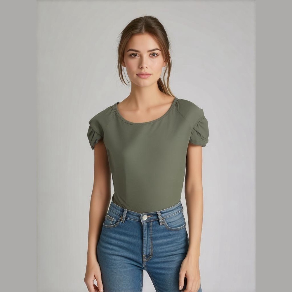 Candace Cameron Bure Mixed Media Puff Sleeve Shirt Top Tee Sage Size XXS NEW